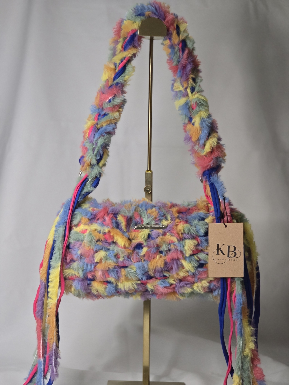 Hand Crafted Pastel Rainbow Faux Fur Shoulder Bag